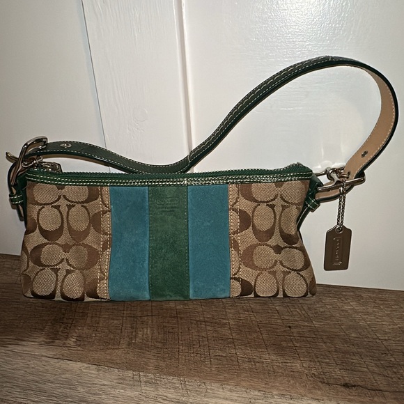 Vintage Coach Suede Green Striped Demi Bag # 7039 - Picture 1 of 9